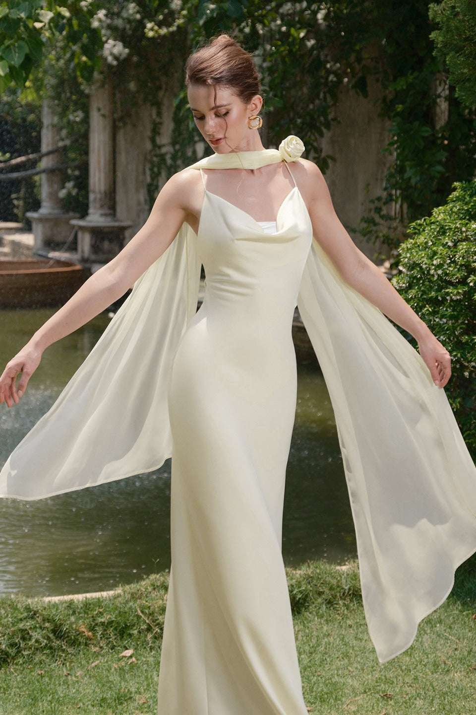 Satin Cowl Neck Spaghetti Strap Draped Rose Neck Wrap Column Gown - View 3
