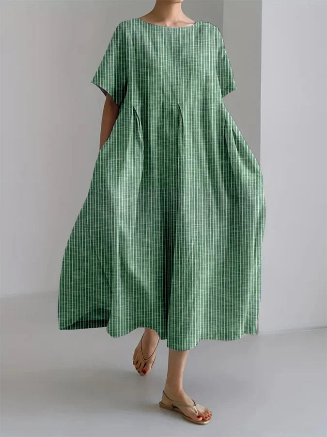 Striped Round Neck Short Sleeve Pocket A-Line Midi Dress Summer 4