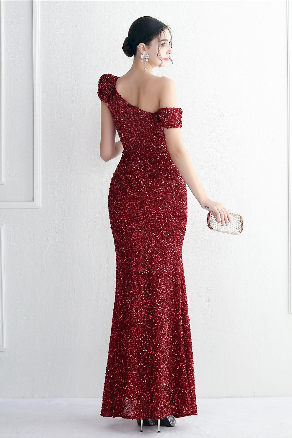 Sequin One Shoulder Ruffle High Split Mermaid Gown - View 15