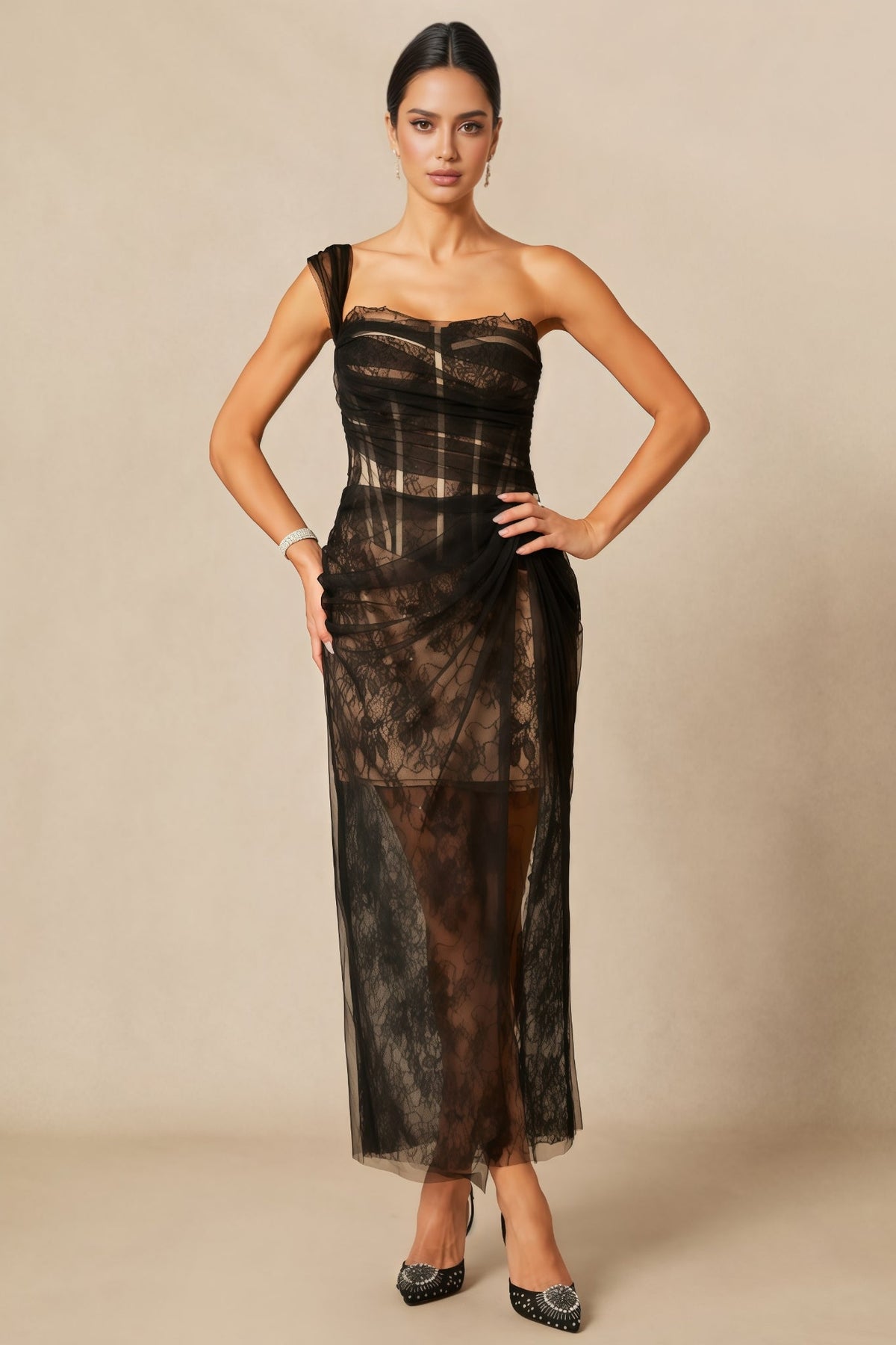 Ezgi One Shoulder Corset Lace Maxi Dress