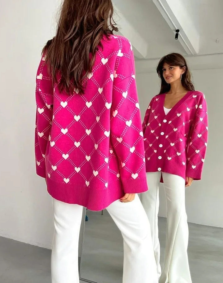 V-Neck Heart Pattern Pocket Cardigan Deep Pink / S Cardigan-241208
