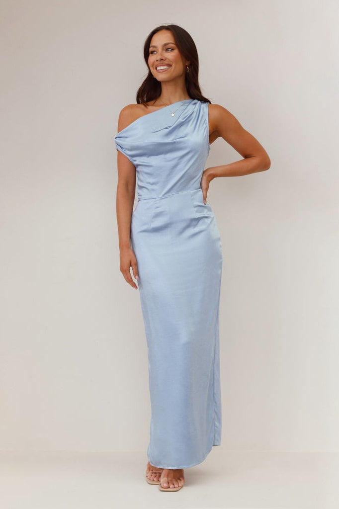 Satin One Shoulder Draped Column Maxi Dress - View 12