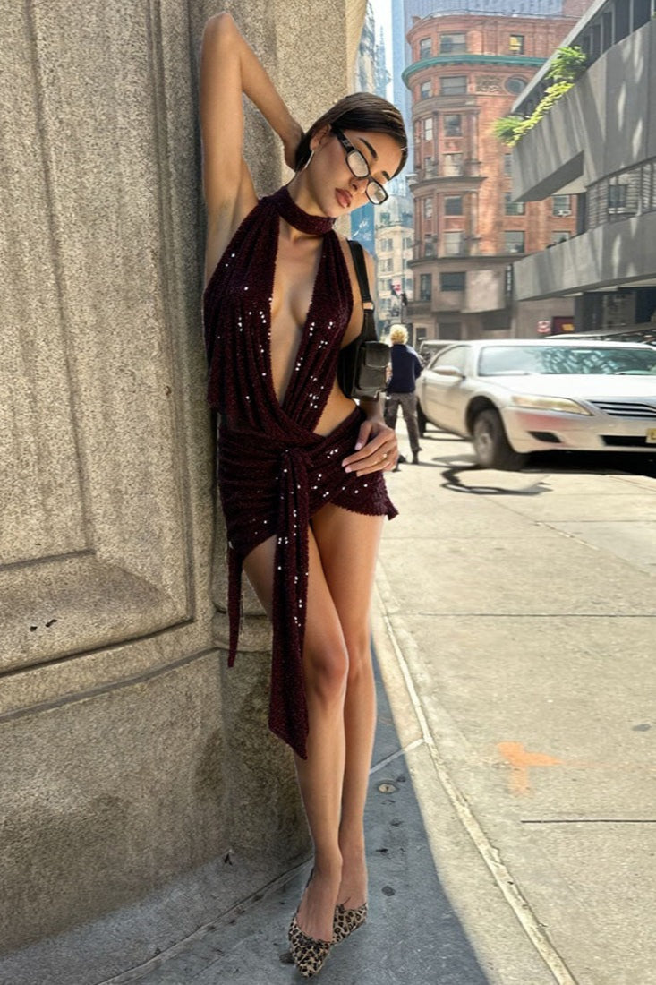 Sequin Halter Neck Plunge Backless Asymmetric Hem Mini Dress - View 5