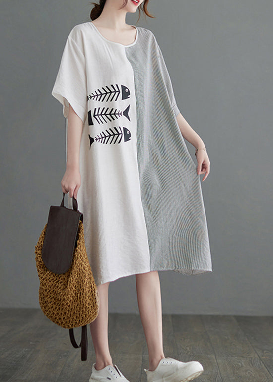 Fish Skeleton Print Color Block Vertical Stripe Dress - View 3