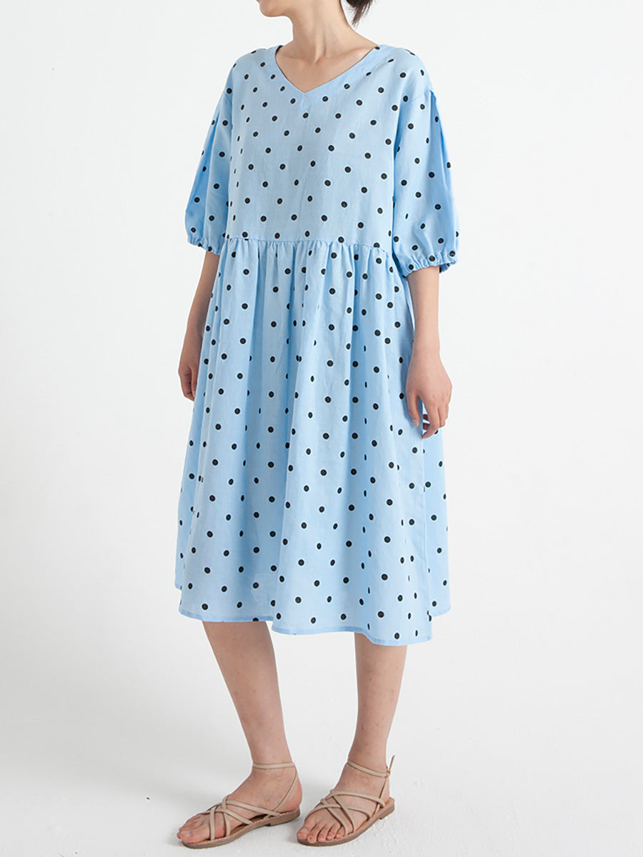 Polka Dot V-Neck Puff Sleeve Empire Waist Midi Dress - View 6