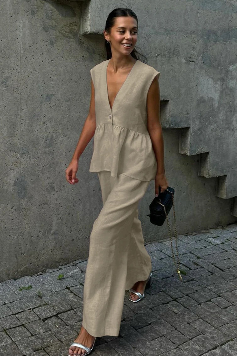 Cotton V Neck Sleeveless Vest Pants Two Piece Set