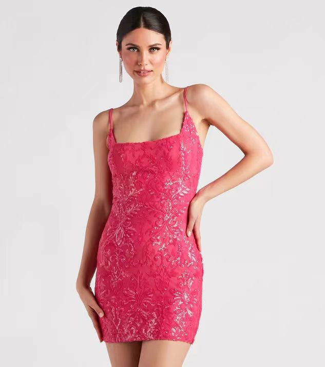 Sequin Square Neck Spaghetti Strap Lace Up Back Bodycon Mini Dress - View 7