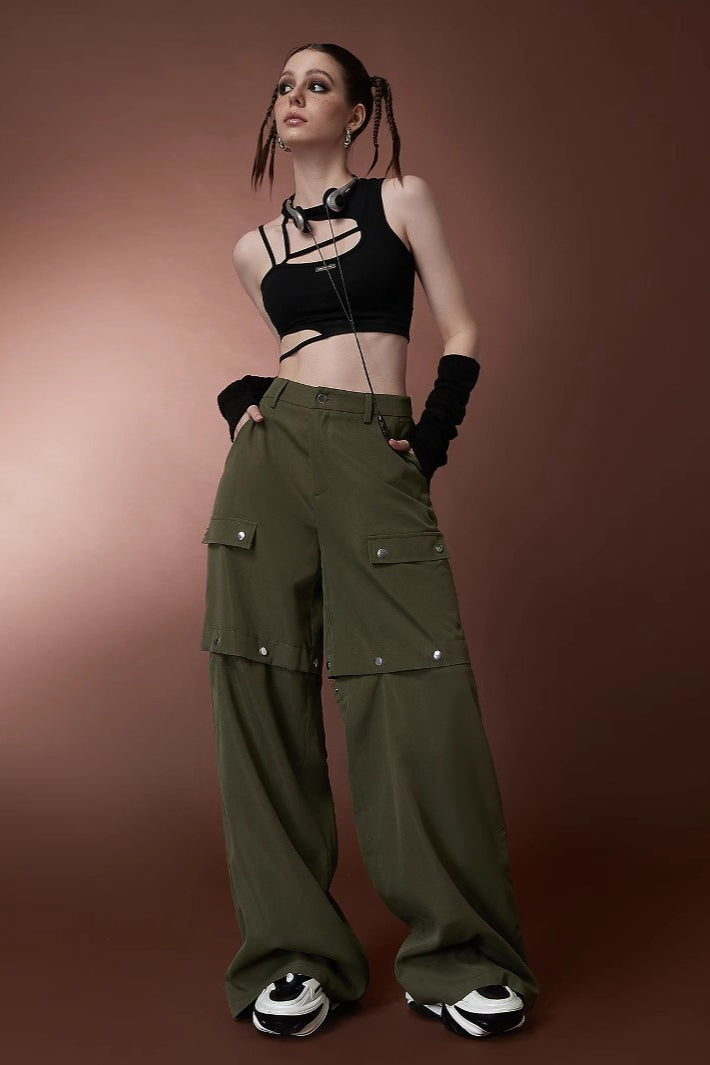 High Waist Convertible Multi-Pocket Cargo Straight Pants
