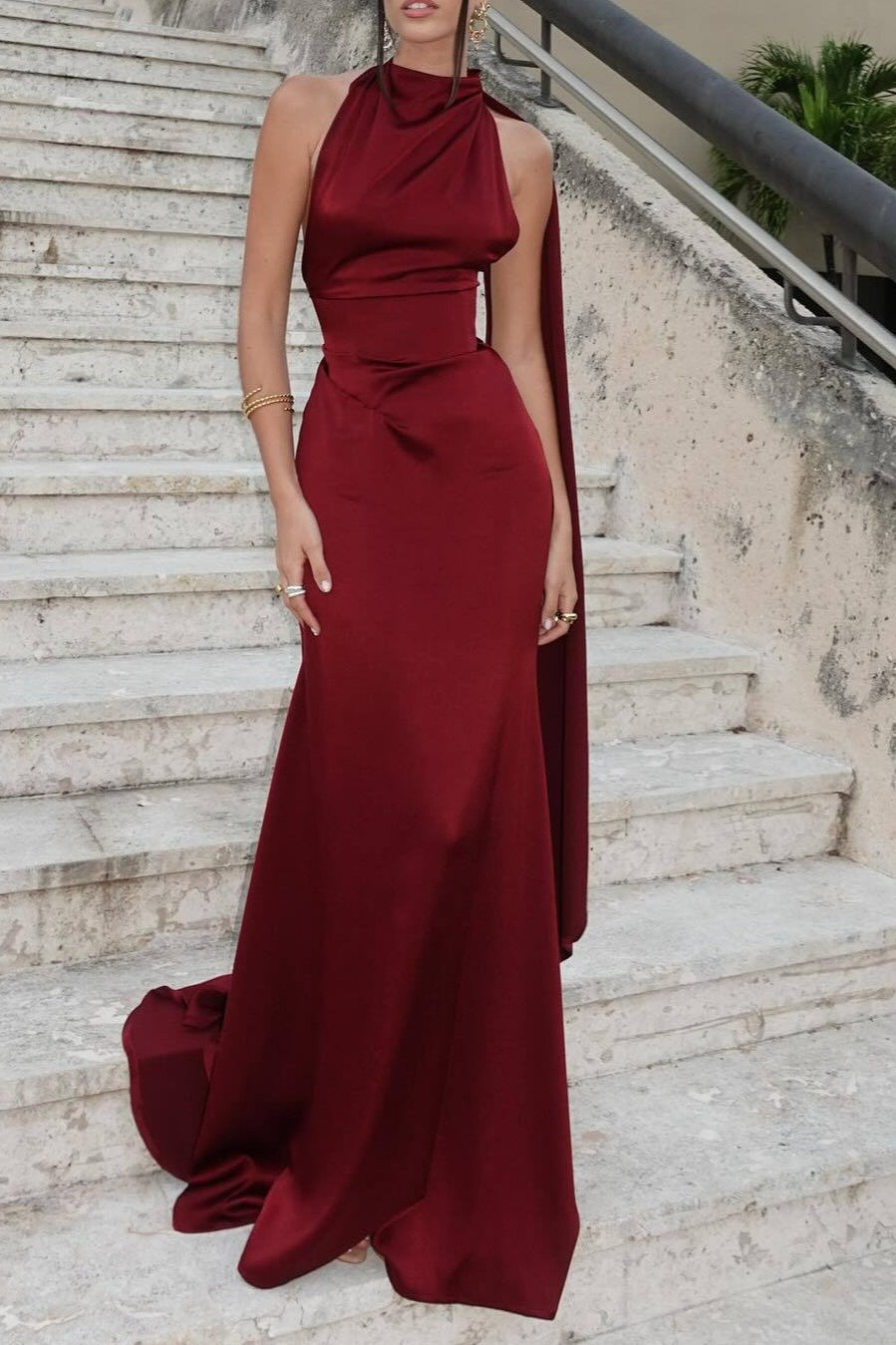 Satin Halter Neck Ruched High Low Mermaid Maxi Dress - View 3