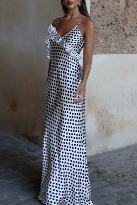 Polka-Dot Tiered Trim Satin Silk Dress - View 2