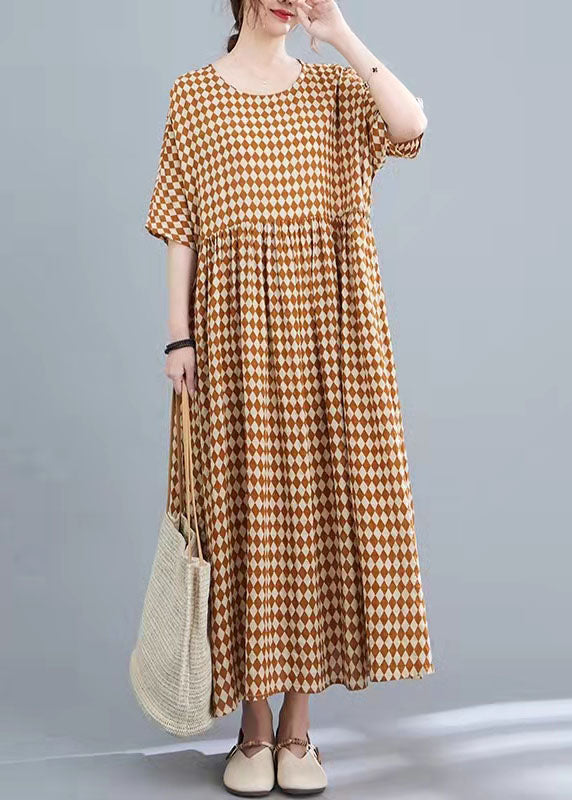 Diamond Print Round Neck Short Sleeve Empire Waist Maxi Dress