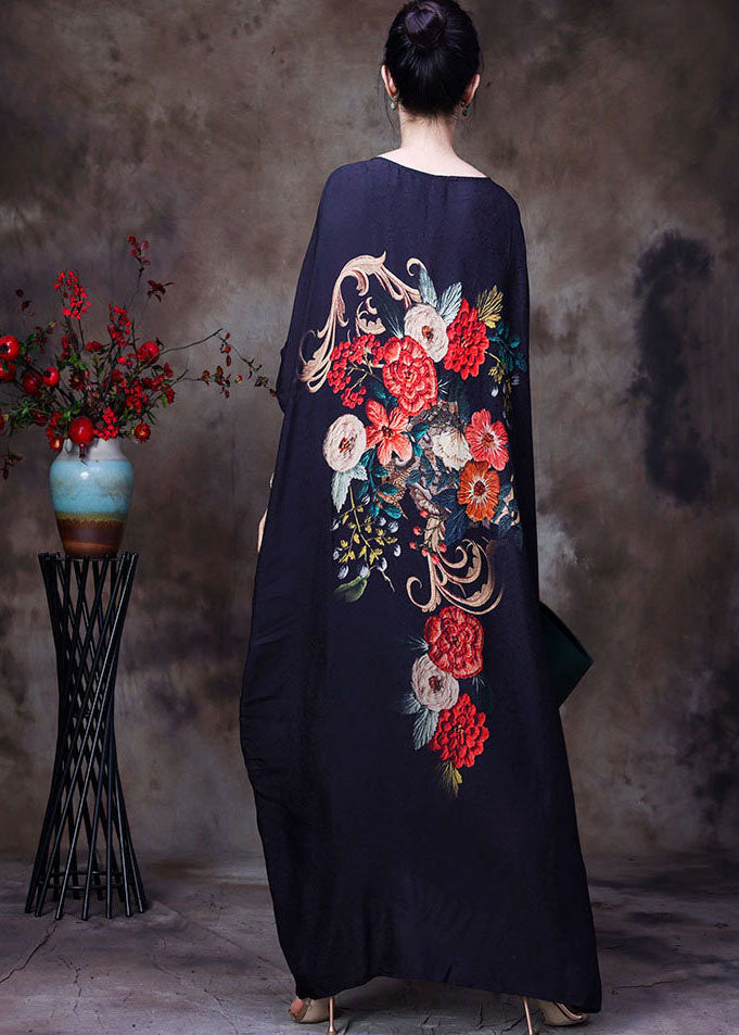 Vertical Floral Embroidery Batwing Sleeve Round Neck Maxi Dress - View 4
