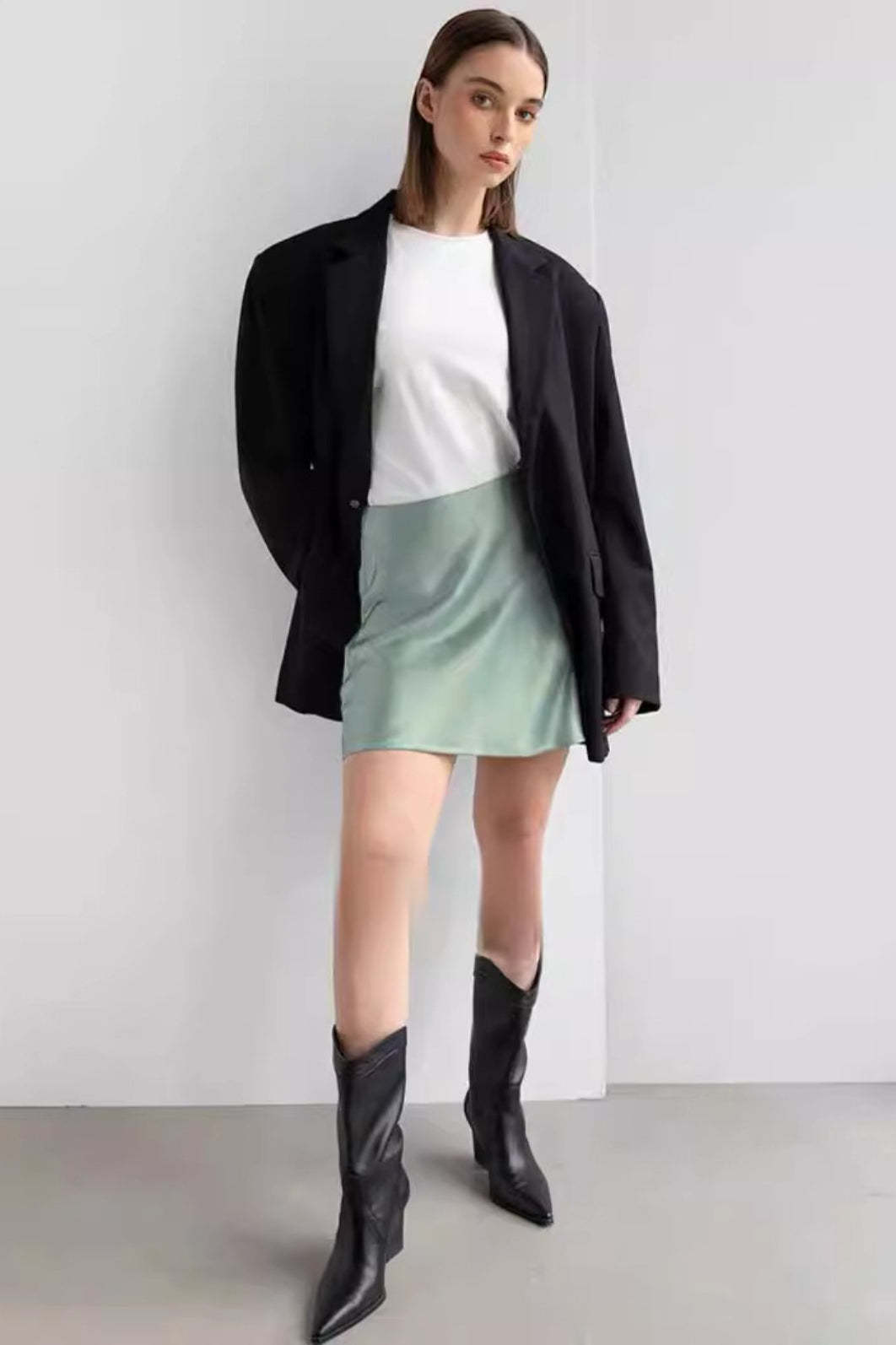 Satin Pleated Denim Mini Skort