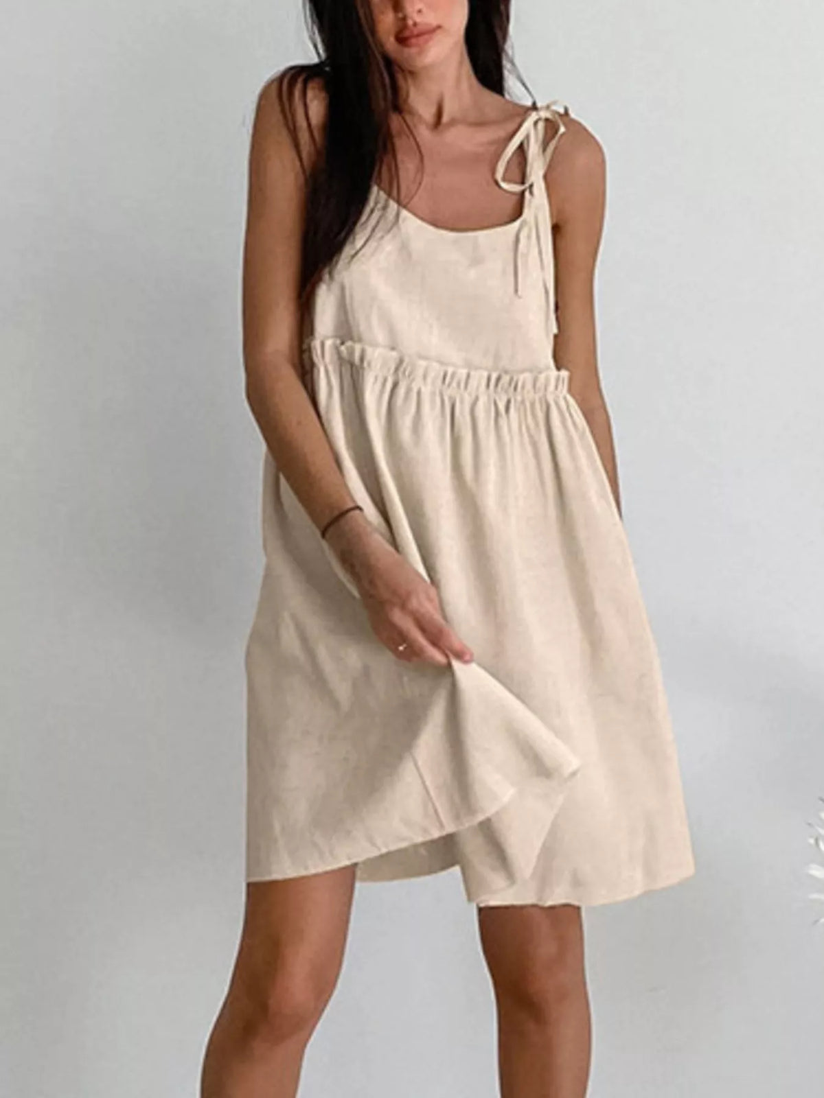 Tie Strap Scoop Neck Ruffle Waist Linen Look Mini Dress 4
