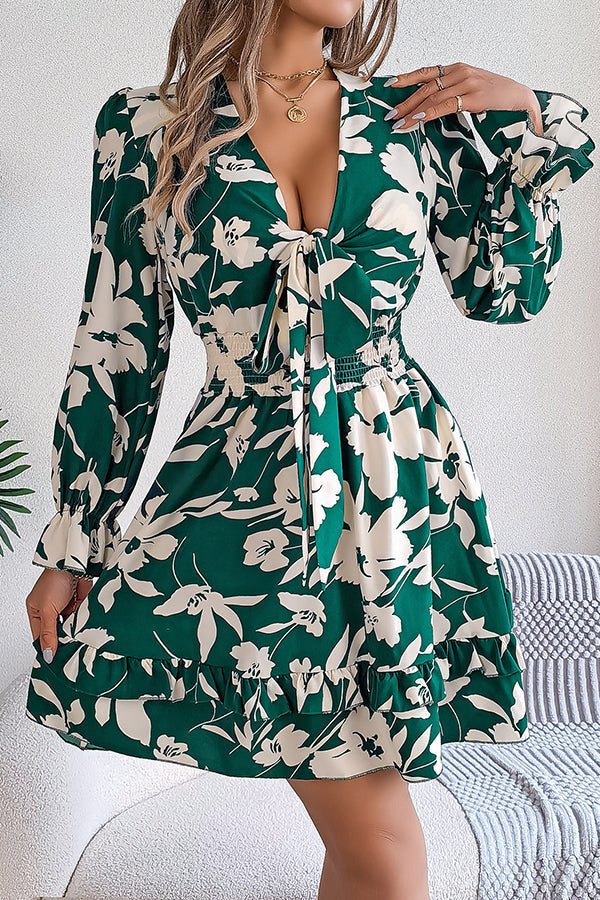 Floral Print V-Neck Tie Front Long Sleeve Ruffle Hem Mini Dress - View 9