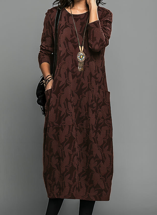 Leaf Jacquard Crew Neck Long Sleeve Patch Pocket Shift Midi Dress - View 2