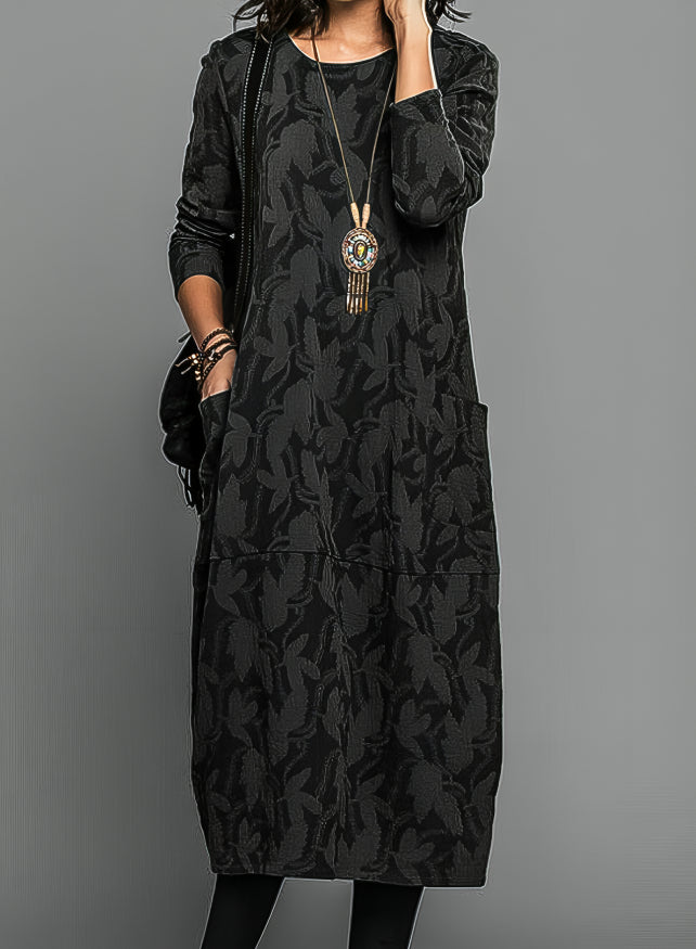 Leaf Jacquard Crew Neck Long Sleeve Patch Pocket Shift Midi Dress - View 4