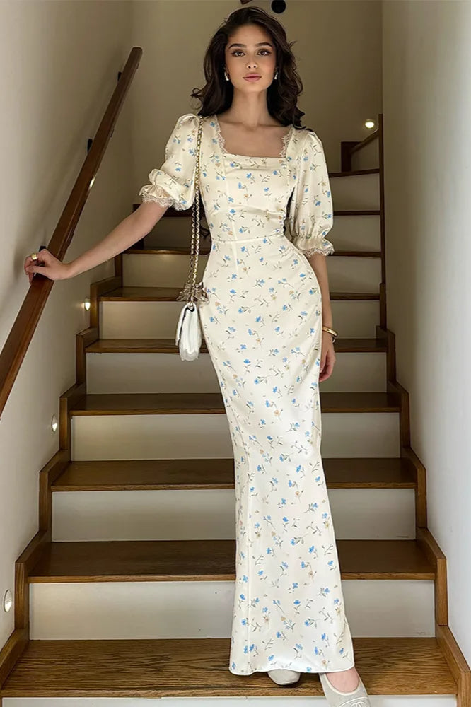 Satin Puff Sleeve Floral Dress in Blue