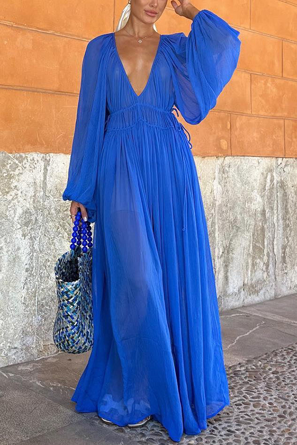 Rita Blue Gem Chiffon Ruched Waist Maxi Dress - View 2