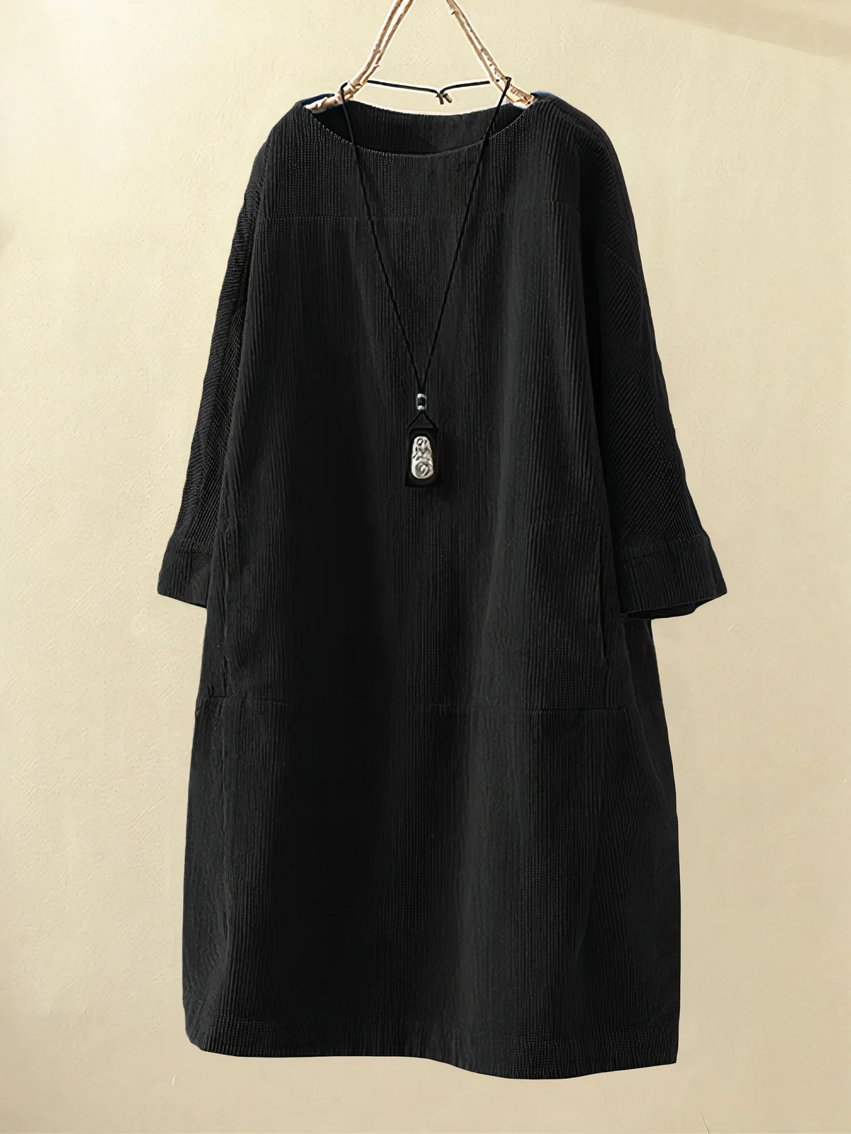 Corduroy Oversized Long Sleeve Pocket Paneled Midi Dress - View 8