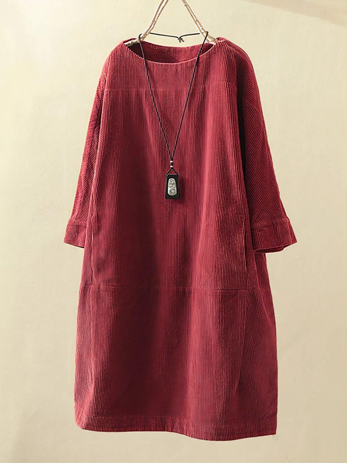 Corduroy Oversized Long Sleeve Pocket Paneled Midi Dress - View 3