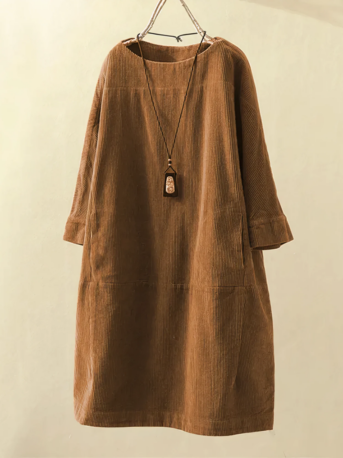 Corduroy Oversized Long Sleeve Pocket Paneled Midi Dress - View 4