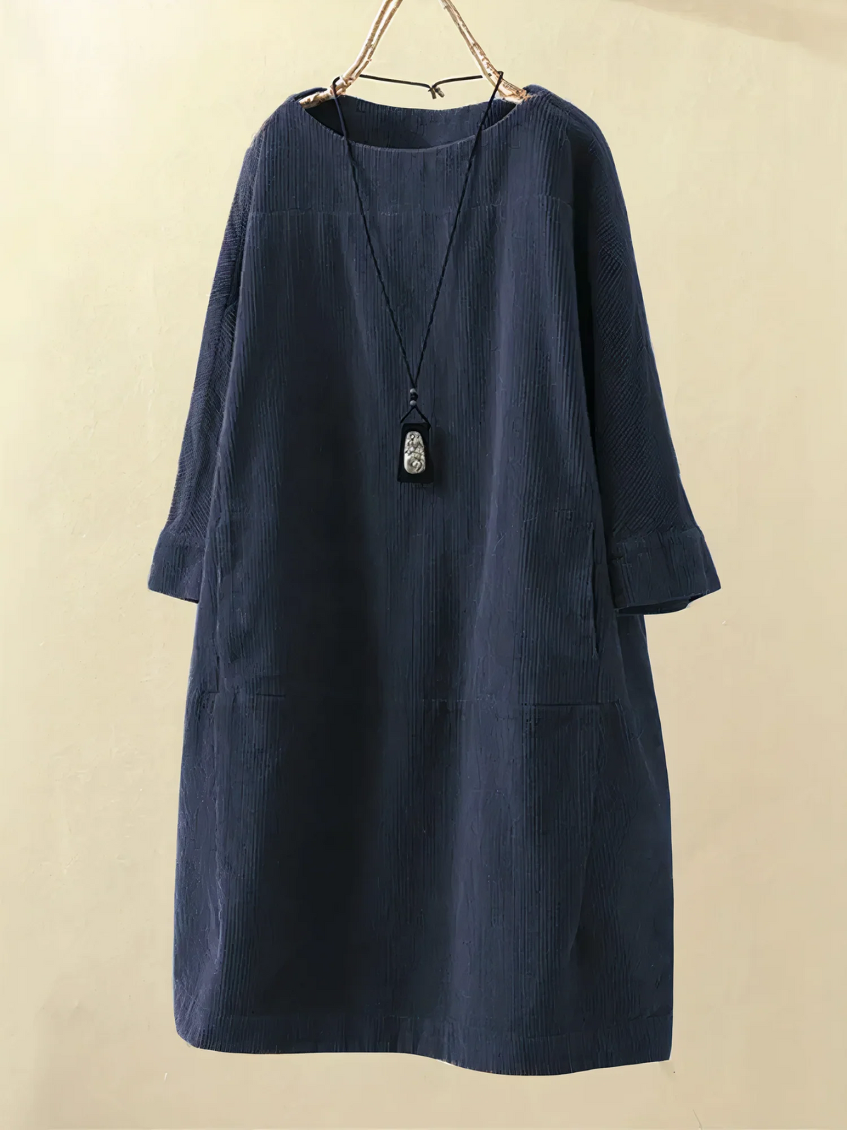 Corduroy Oversized Long Sleeve Pocket Paneled Midi Dress - View 2