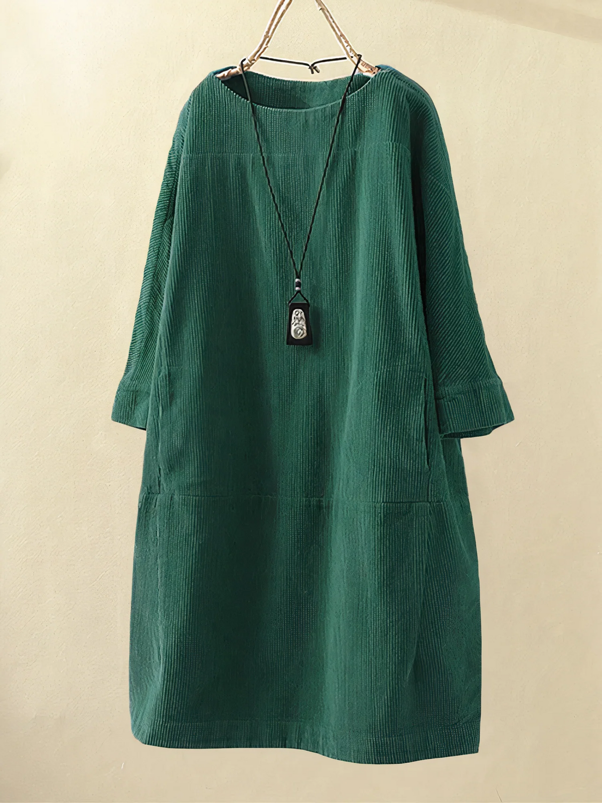 Corduroy Oversized Long Sleeve Pocket Paneled Midi Dress - View 7