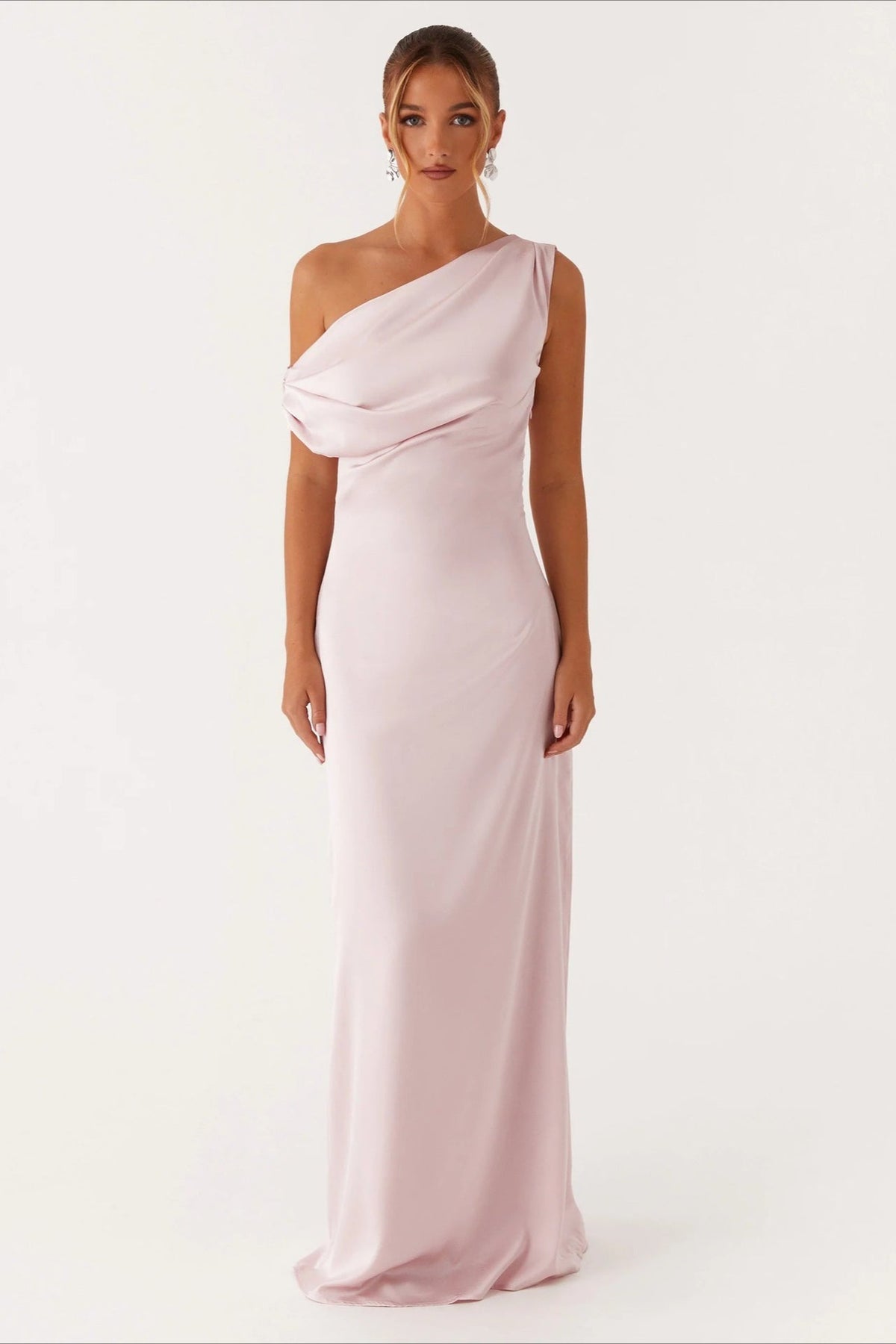 Satin Asymmetric One Shoulder Ruched Maxi Gown - View 20