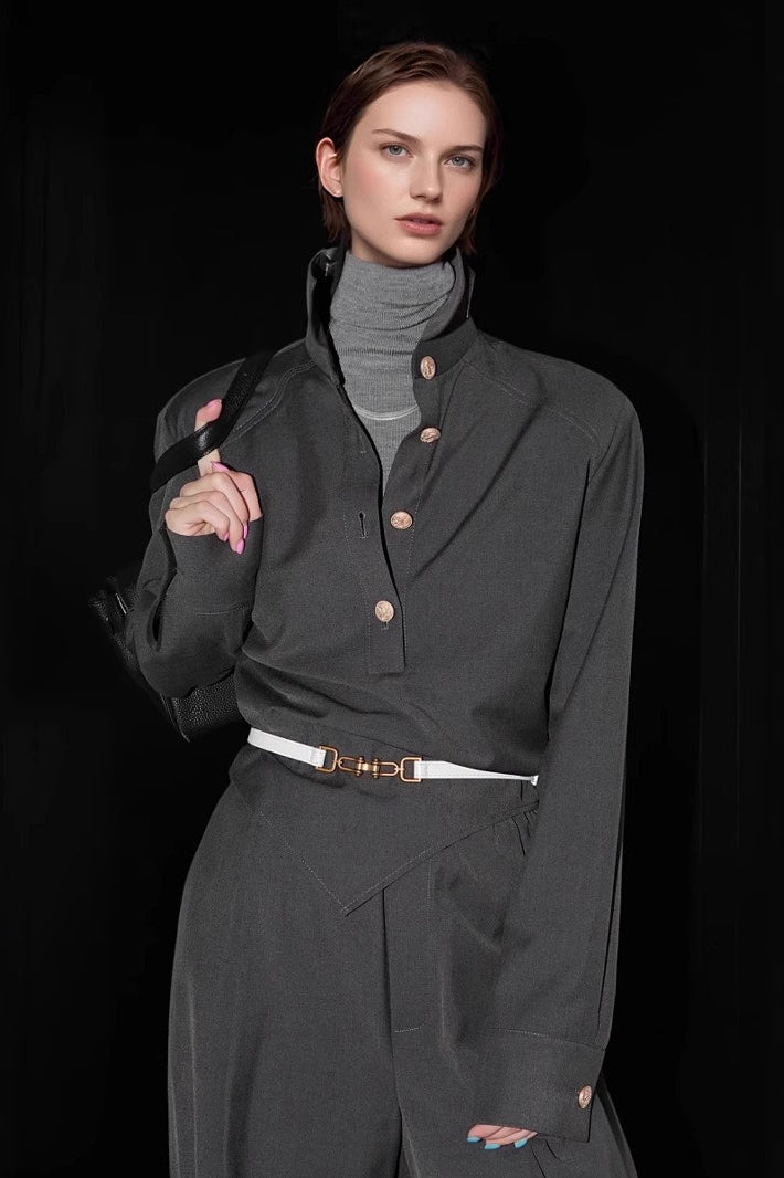 Petite Contrast Elastic Waist Shirt Wide Leg Pants