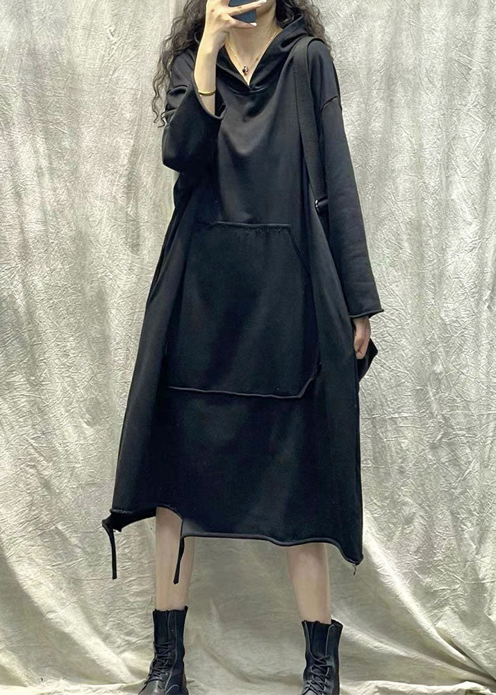 Hooded Long Sleeve Kangaroo Pocket Raw Hem Distressed Sweatshirt Dress - View 3