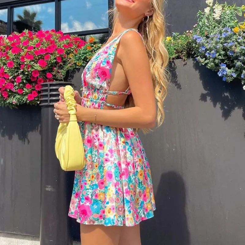 Floral Deep V-Neck Sleeveless Fit and Flare Mini Summer Dress - View 3