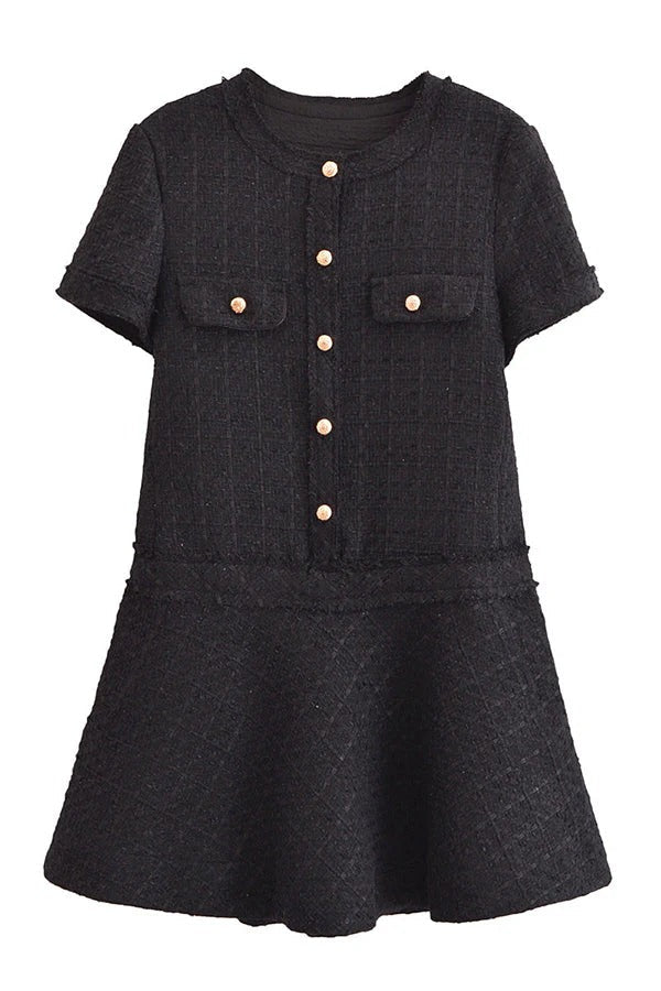 Textured Boucle Gold Button Short Sleeve A-Line Mini Dress - View 14