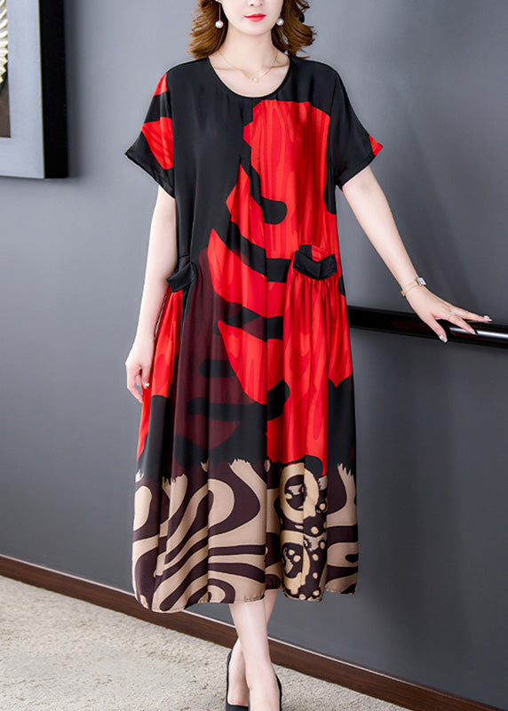 Abstract Graphic Print Round Neck Short Sleeve Pocket Midi Dress