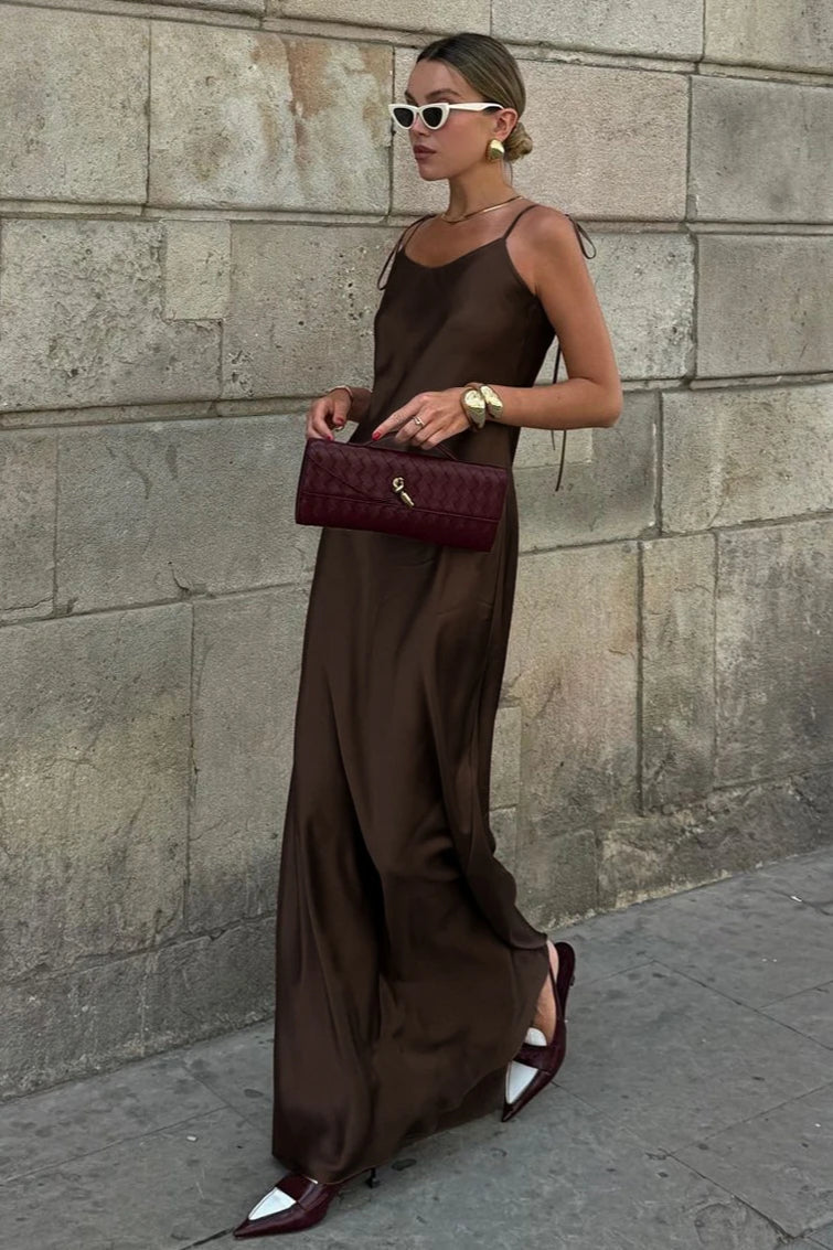 Clacive Fashion Loose Brown Satin Maxi Dress - View 2