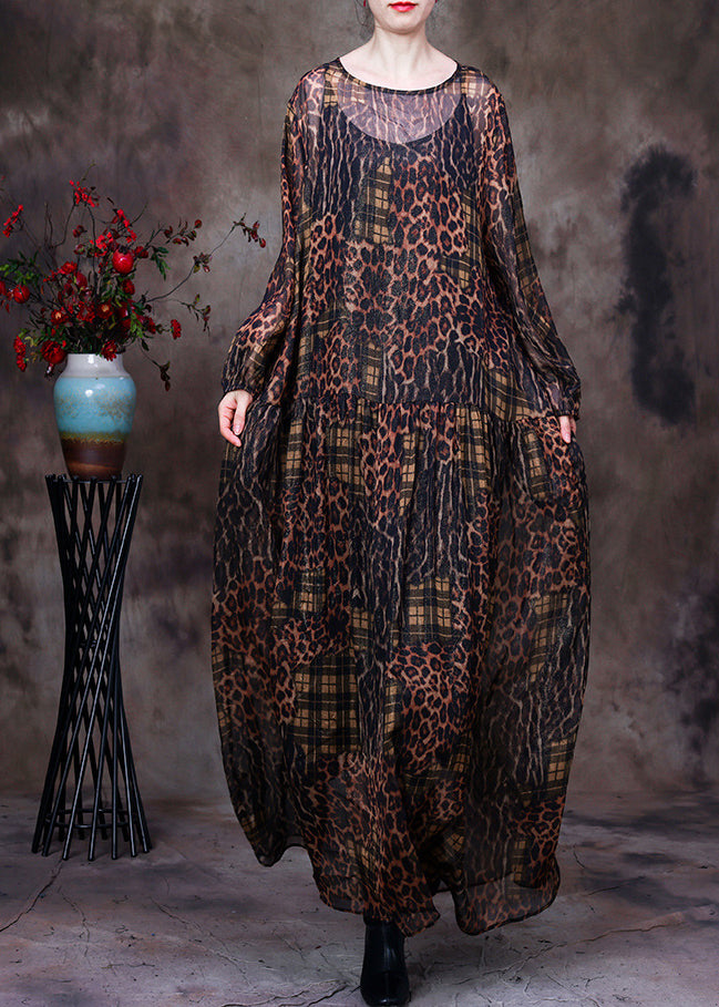 Sheer Leopard Plaid Patchwork Long Sleeve Balloon Sleeve Maxi Dress