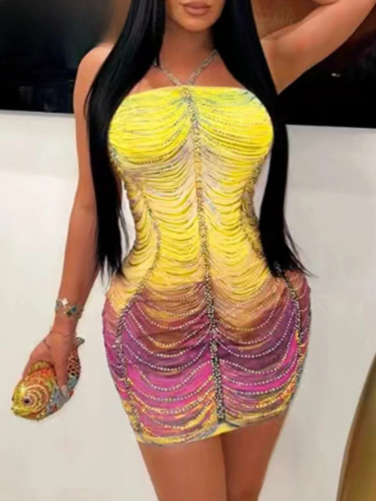 Halter Neck Rhinestone Fringe Bodycon Mini Dress - View 5