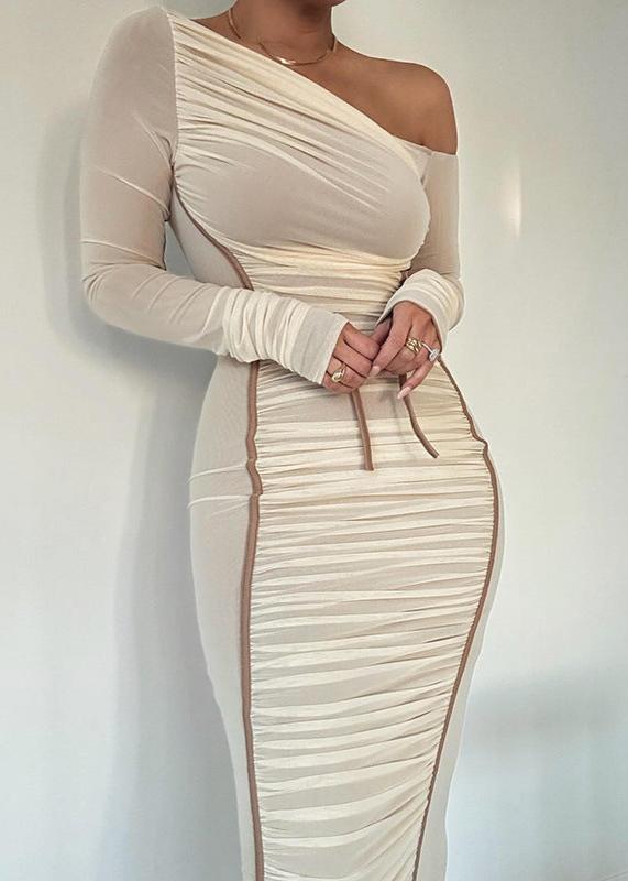 Asymmetrical Elegance Mesh Midi Dress in Beige - View 5