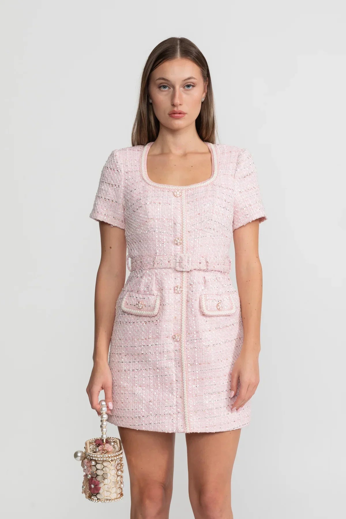 Tweed Square Neck Pearl Trim Button Belt Patch Pocket Mini Dress