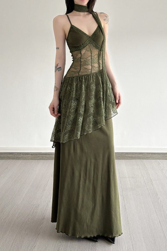 Lace Trim Sheer Waist Tie Cami Maxi Lace Dress in Green
