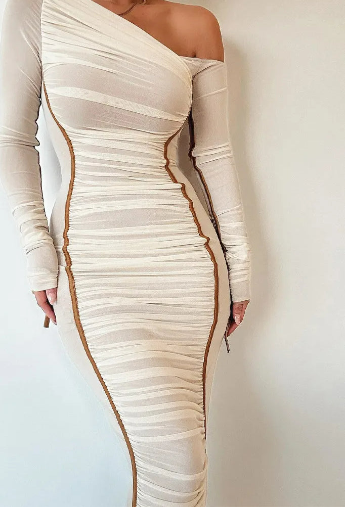 Diagonal Collar Draped Mesh Maxi Dress in Brown