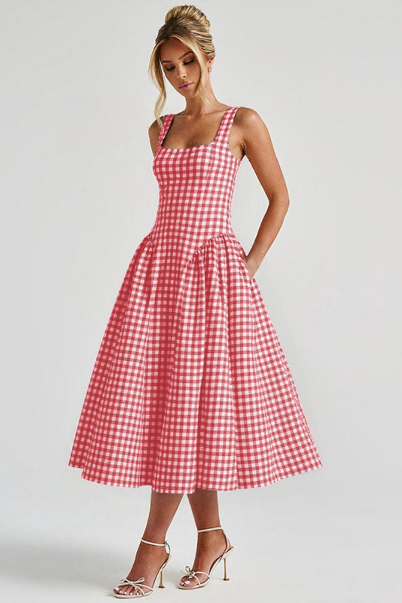 Plaid Square Neck Sleeveless Fit and Flare Midi Dress - View 9