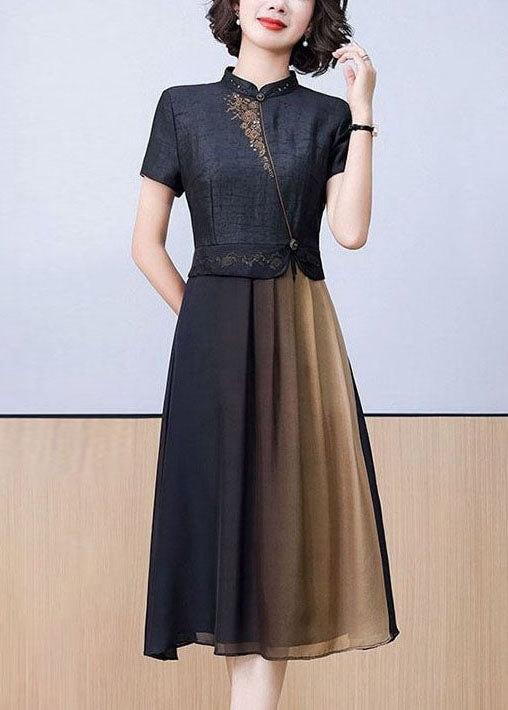 Mandarin Collar Floral Embroidery Asymmetrical Pleated Midi Dress - View 2