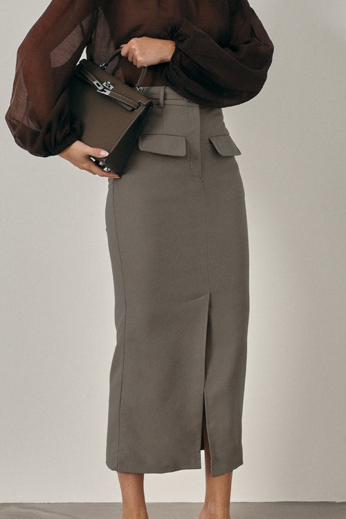 High Waist Front Slit Bodycon Midi Skirt