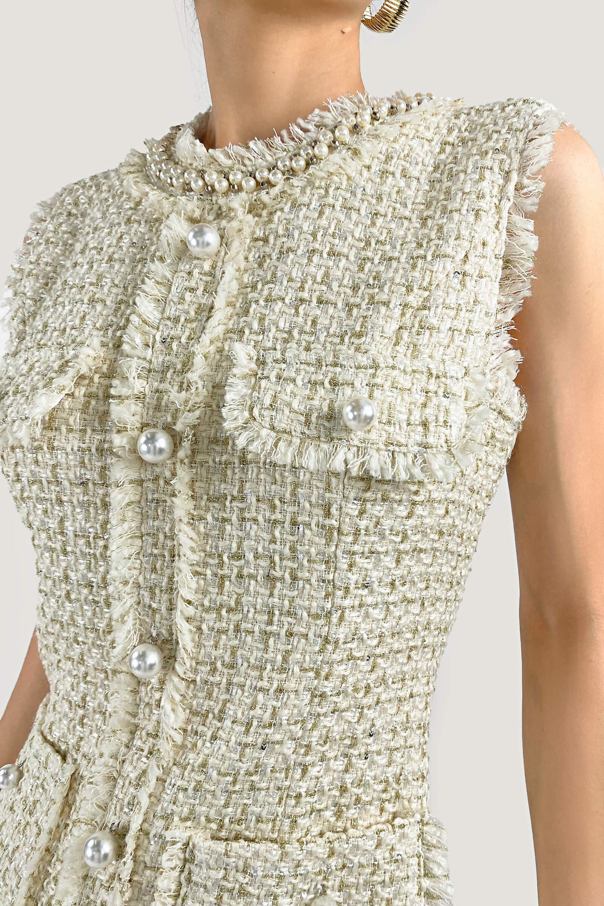 Pearl Collar Raw Fringe Trim Tweed Sleeveless Mini Dress - View 2