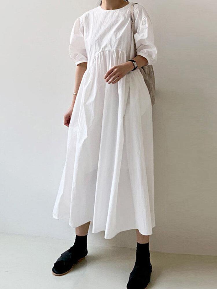Puff Sleeve Round Neck Empire Waist Gathered Maxi Summer Dress - View 5