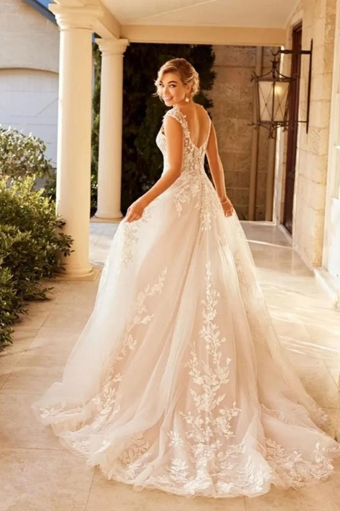 Lace Deep V-Neck Mesh Illusion Cap Sleeve Tulle A-Line Wedding Gown - View 3