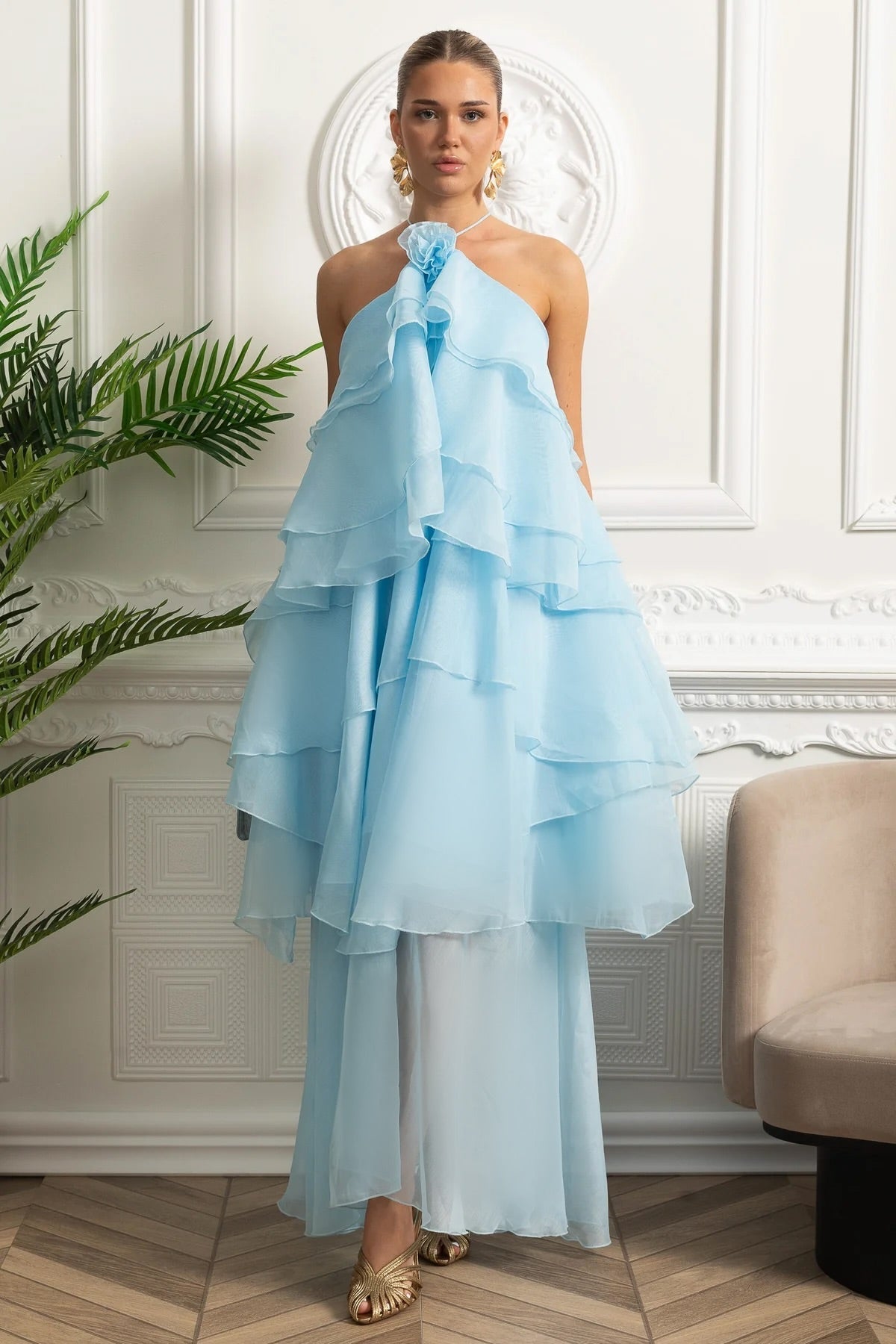 Halter Tiered Ruffle Maxi Dress - Sky Blue - View 3