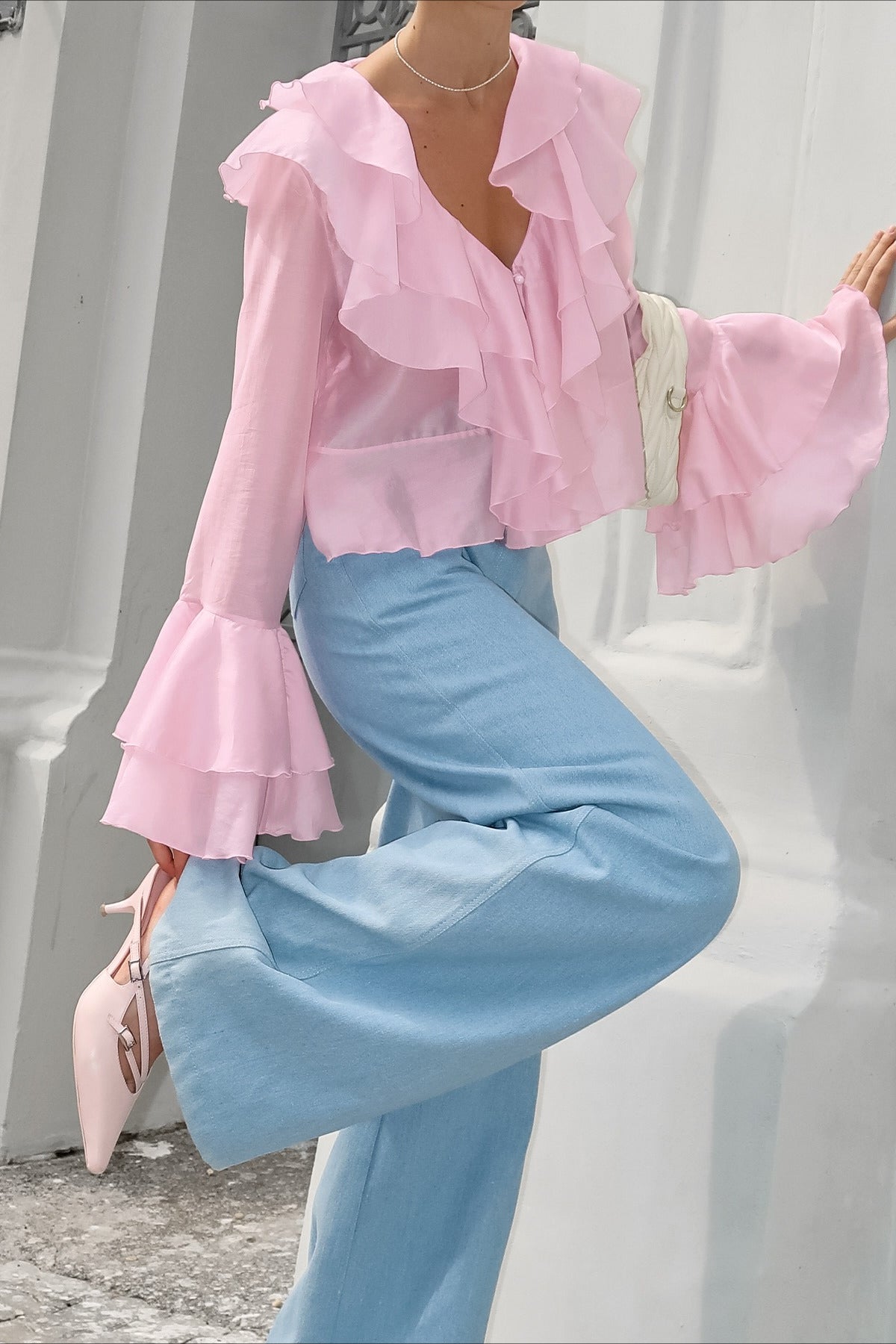 Chiffon Flare Sleeve Cropped Blouse
