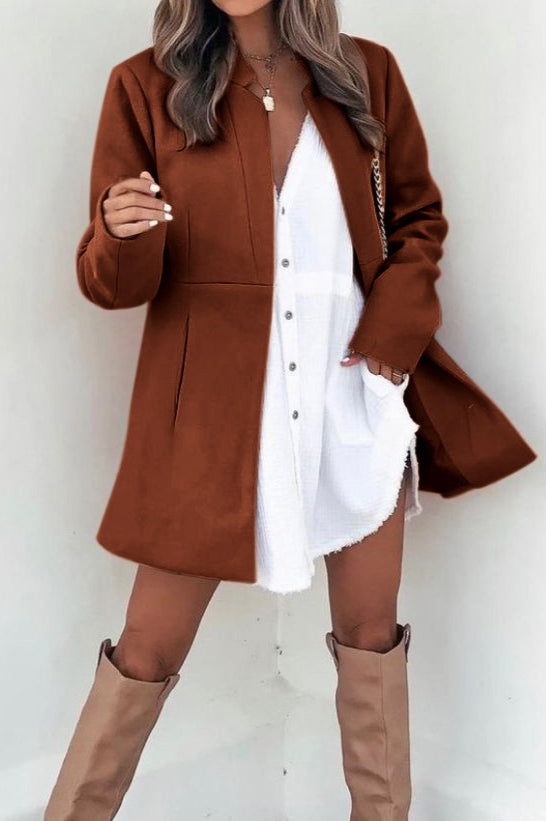 Brushed Wool Solid Long Sleeve Coat Brown / S coats